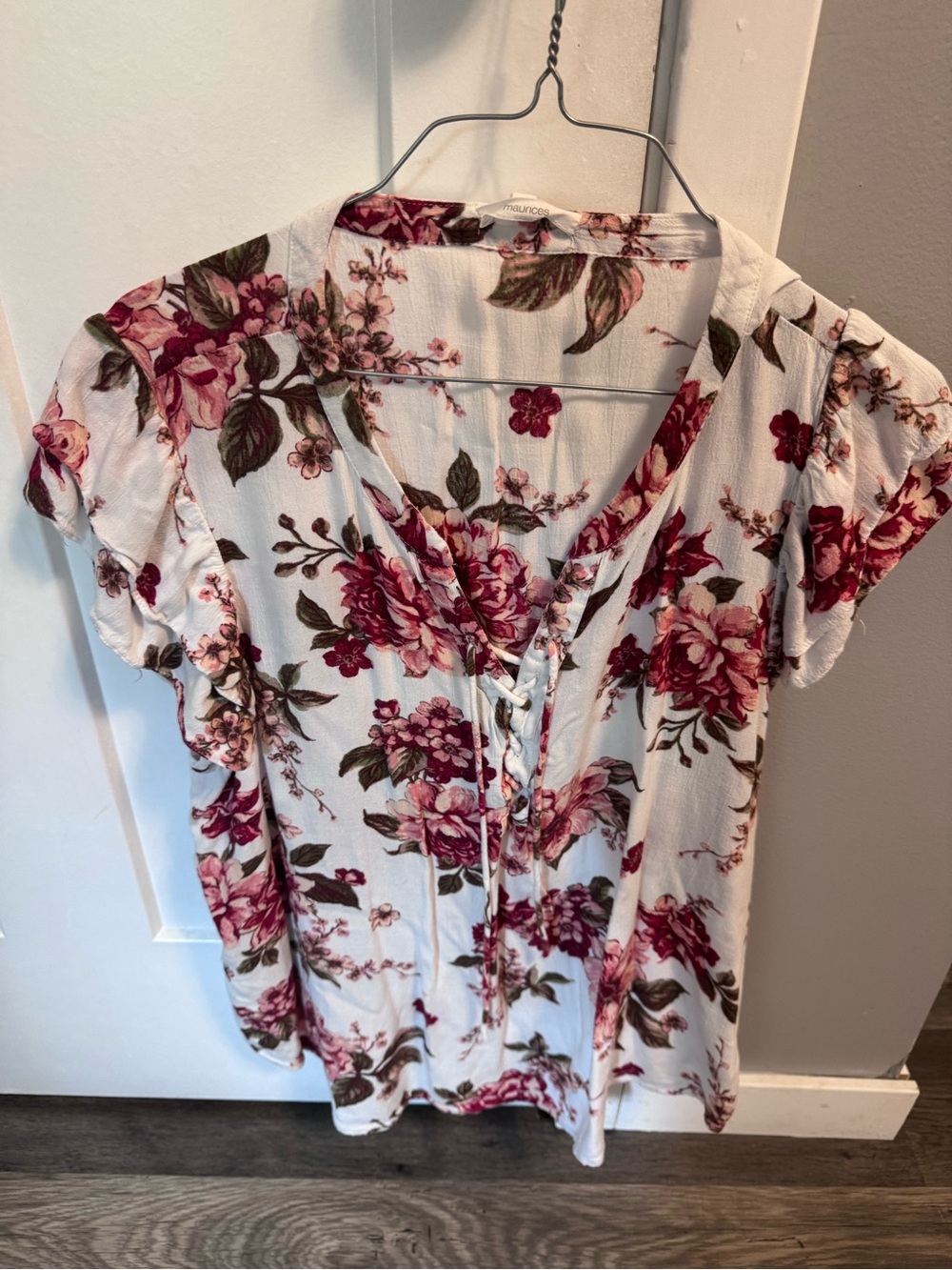 Maurices White Floral Lace-Up V-Neck Blouse with Pink Blooms